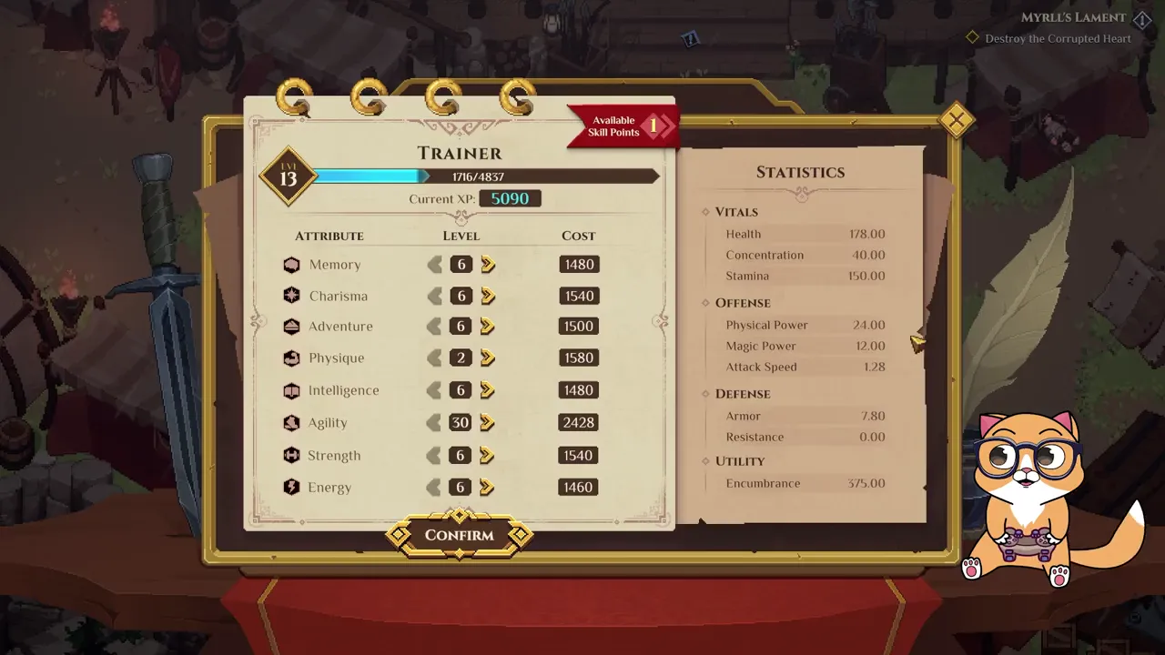 O treinador no nível 13. Agilidade é 30 e todos os outros atributos estão em seu valor inicial.