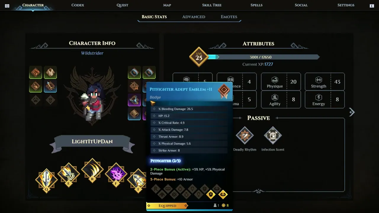 Um Emblema Raro Gladiador em +11. Sua estatística principal é Dano de sangramento.
