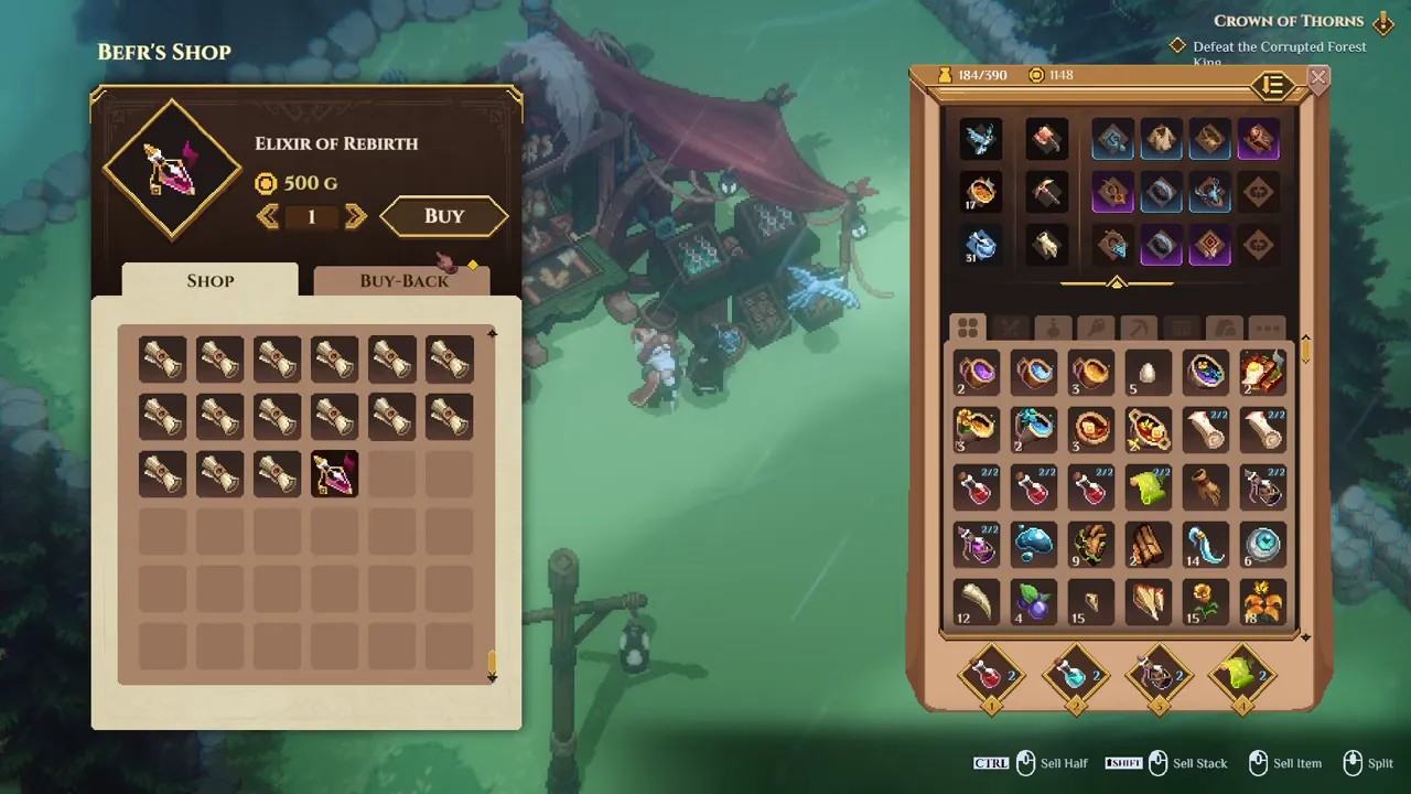 Befr's shop with the Elixir of Rebirth tooltip.