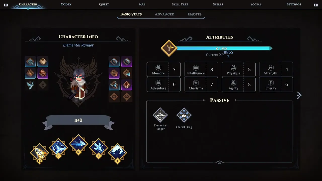The character screen after the elixir: attribute level 1, with the points turned back into XP.