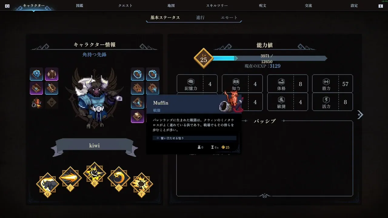 戦猫ペットと呪文バーが表示されているキャラクター画面。