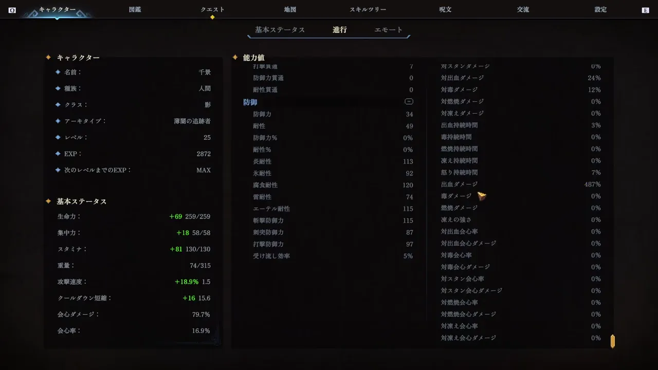 詳細ステータス:出血ダメージ487%。