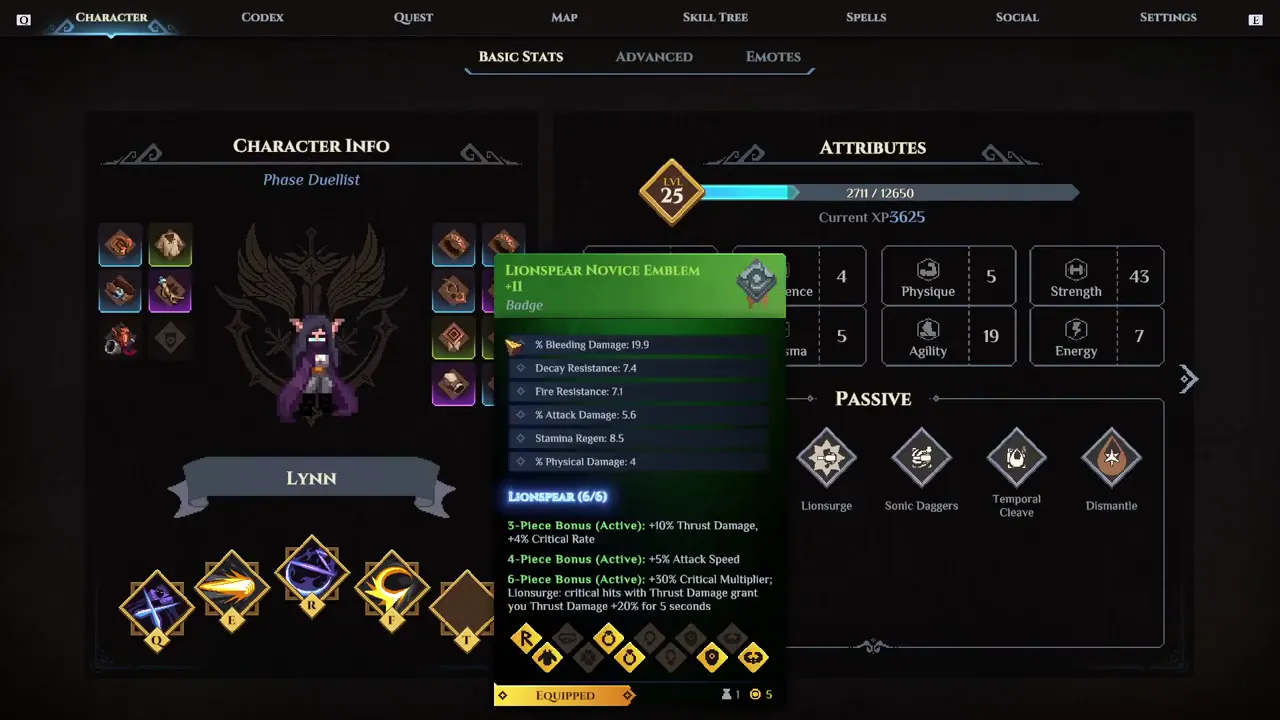 Un badge Lionspear avec Dégâts Saignement comme stat principale.