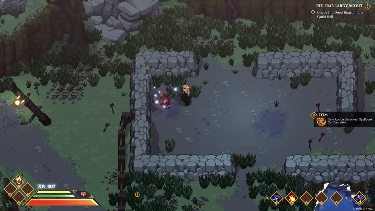 Le ramassage à l'est de Farmlands North : « Nouvelle recette déverrouillée : Spellbook Conflagration ».