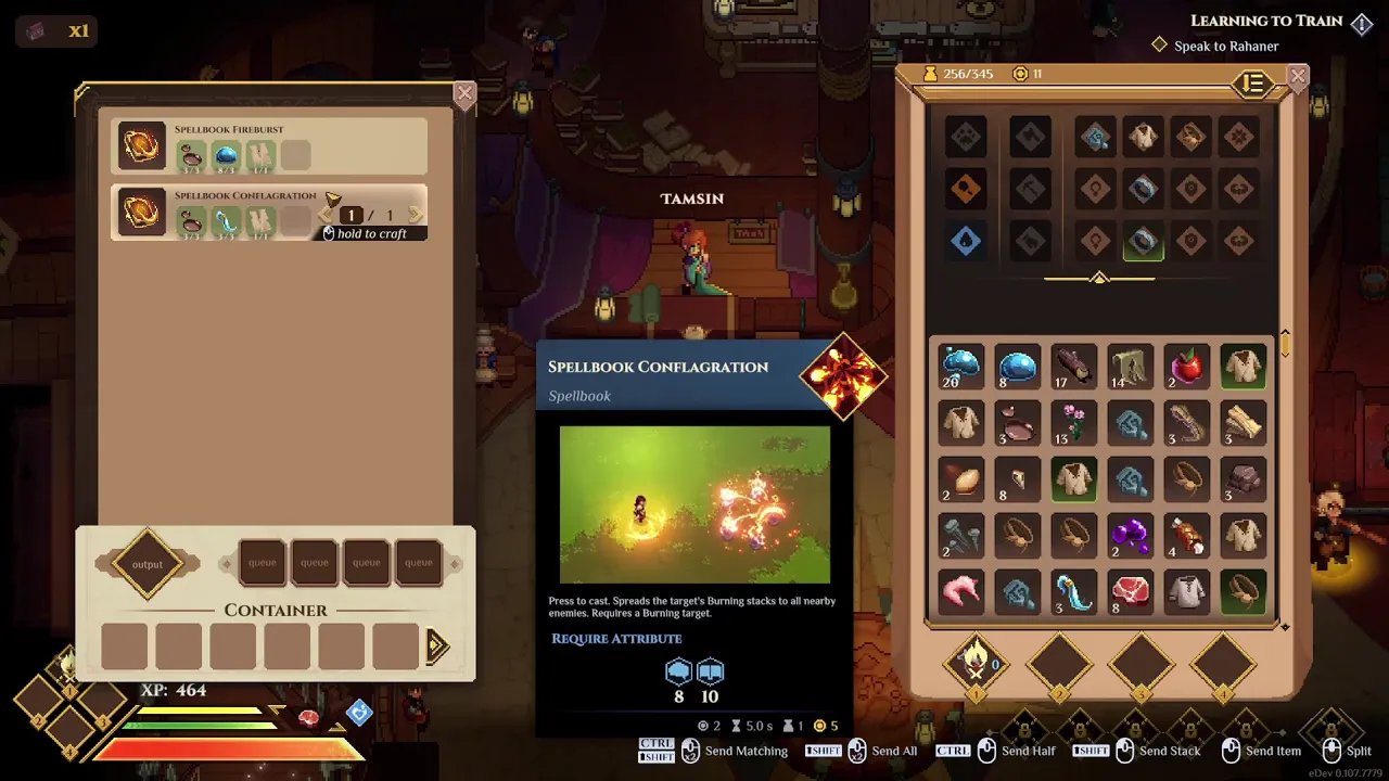 Fabriquer Spellbook Conflagration chez Tamsin à la Salle de la Guilde. L'infobulle demande Mémoire 8 et Intelligence 10.