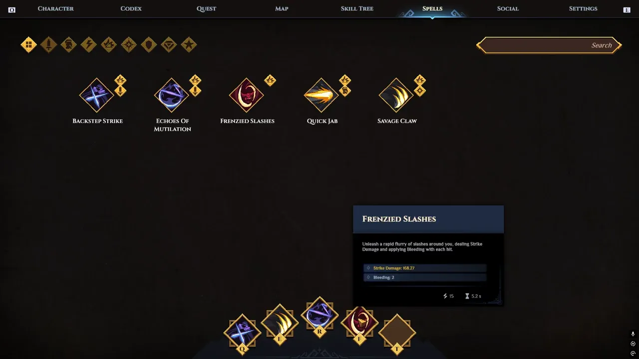 A página de magias com as cinco magias na build.