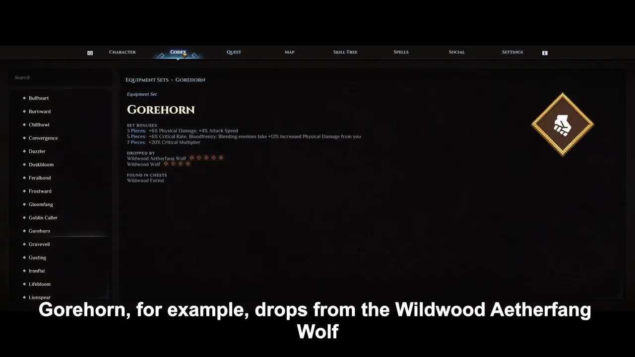 A página do códice para Chifre Sangrento: obtido de Lobo Presa-de-Éter de Wildwood e Lobo de Wildwood.