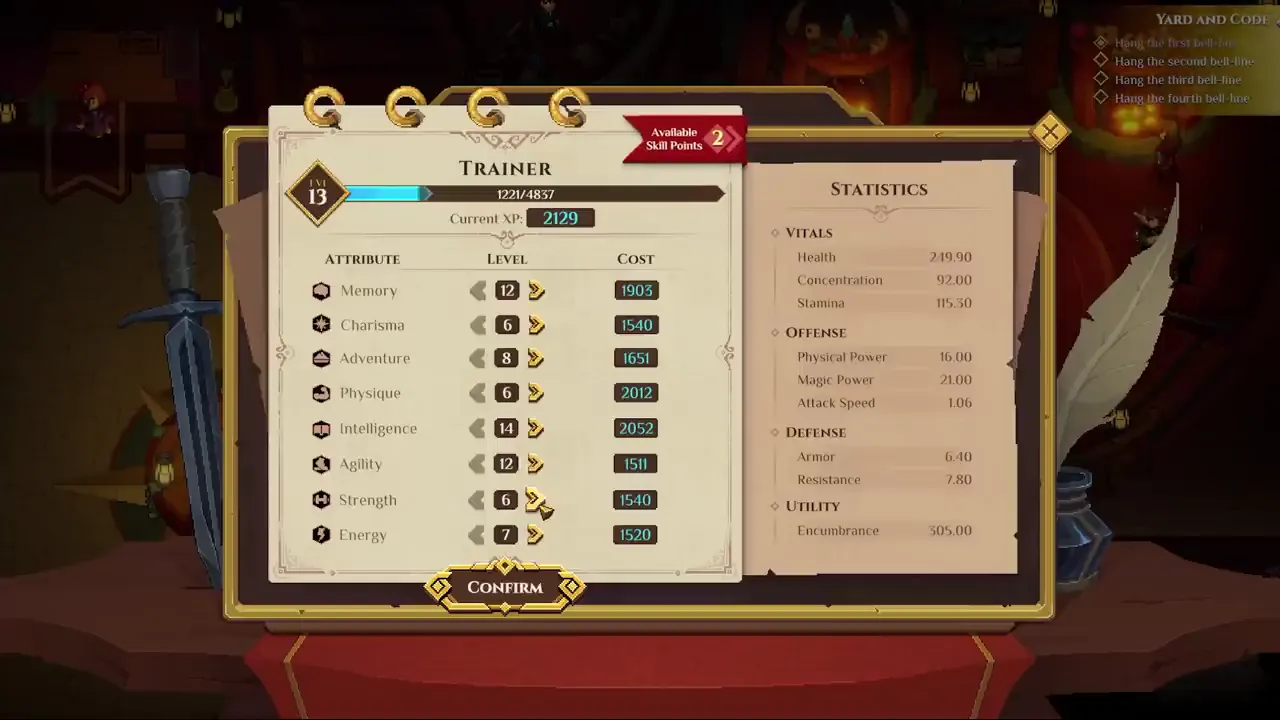 O treinador: você gasta XP para aumentar cada atributo, e cada atributo tem seu próprio custo de XP.